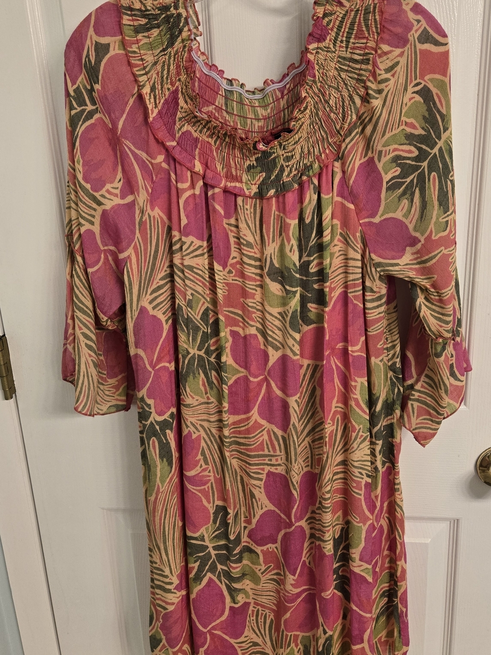 Mlle Gabrielle Tropical Hibiscus Off Shouldee Smocked BOHO Dress XL